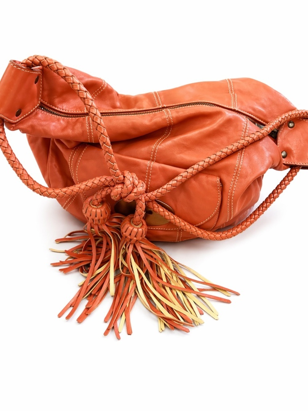 Authentic Mulberry Orange Leather Shoulder Bag – Braided Strap & Tassels